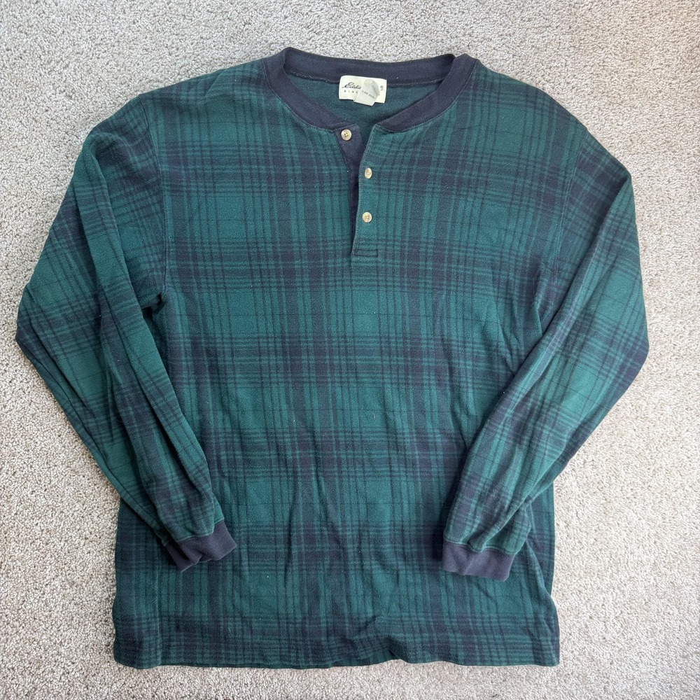 Eddie Bauer Shirt Mens Large Green Plaid Henley Long Sleeve Knit Cotton Casual